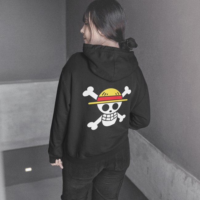 One Piece Hasır Şapka Korsanları Ön - Arka Baskılı Kapşonlu Sweatshirt