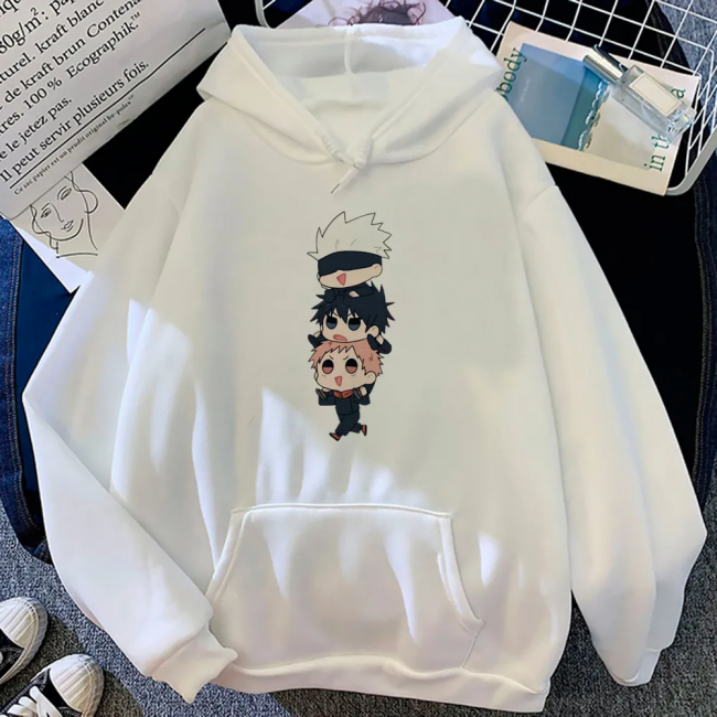 Jujutsu Kaisen Chibi Beyaz Kapşonlu Sweatshirt