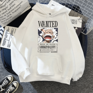 Luffy Gear 5 Wanted Kapşonlu Beyaz Sweatshirt Luffy Gear 5 Wanted Kapşonlu Beyaz Sweatshirt