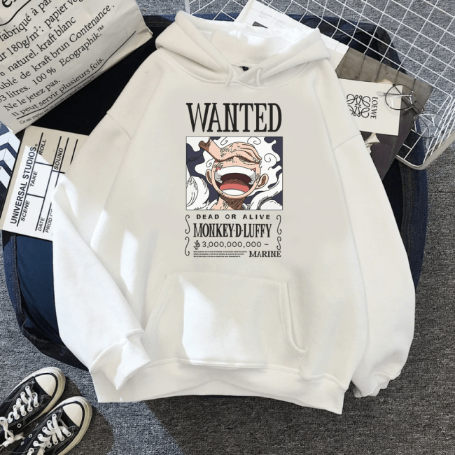 Luffy Gear 5 Wanted Kapşonlu Beyaz Sweatshirt