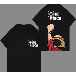 One Piece Straw Hat Siyah Ön Arka Baskı T-shirt